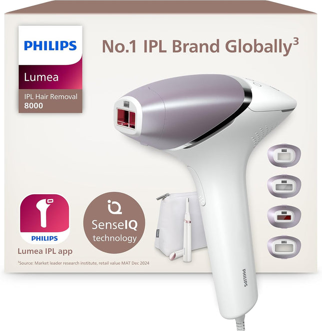 Philips Lumea 8000 Series IPL Hair Removal Device - Laser Hair Removal Alternative, SenseIQ Technology, 4 Attachments for Body, Face, Bikini and Underarms, Satin Compact Pen Trimmer, Model BRI949/00